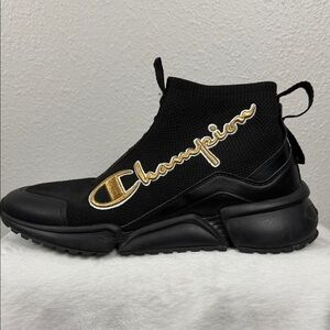 Champion Rally Future Black Sock Sneaker with Gold Script